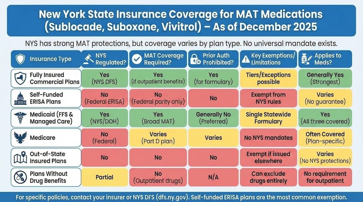 Infographic on New York State insurance mandates for MAT coverage including Suboxone, Sublocade, Vivitrol | Integrity Treatment Partners